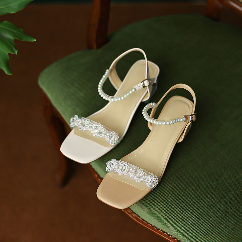 Artistic Slim Pearl Crystal Mid-Heel Square-Toe One-Strap Sandals for Women - Fairy Style Summer Footwear Artistic Slim Pearl Crystal Mid-Heel Square-Toe One-Strap Sandals for Women - Fairy Style Summer Footwear