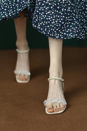 Artistic Slim Pearl Crystal Mid-Heel Square-Toe One-Strap Sandals for Women - Fairy Style Summer Footwear