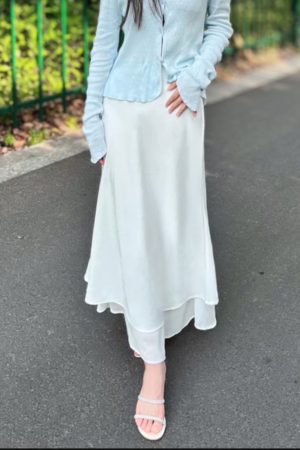 Asymmetrical Fishtail A-Line Mid-Length Skirt with Elastic Waist, Slimming Patchwork Chiffon Ruffles for Spring-Summer Fashion