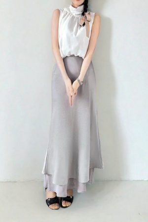 Asymmetrical Fishtail A-Line Mid-Length Skirt with Elastic Waist, Slimming Patchwork Chiffon Ruffles for Spring-Summer Fashion