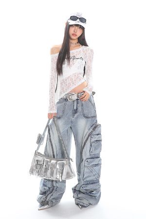 Asymmetrical Lace Cover-Up Top with Striped Embroidery - Slim Fit Long Sleeve Irregular Design for Trendy Hot Girls