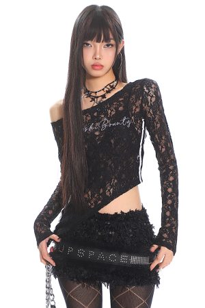 Asymmetrical Lace Cover-Up Top with Striped Embroidery - Slim Fit Long Sleeve Irregular Design for Trendy Hot Girls