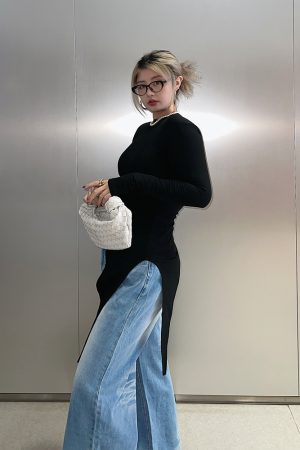 Asymmetrical Long Sleeve T-Shirt for Women - Minimalist Korean Style Slim Fit Top - Fashionable Spring 2025 Design