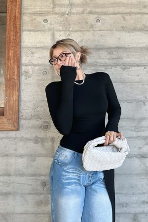 Asymmetrical Long Sleeve T-Shirt for Women - Minimalist Korean Style Slim Fit Top - Fashionable Spring 2025 Design