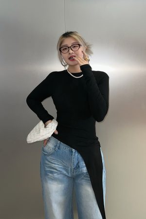 Asymmetrical Long Sleeve T-Shirt for Women - Minimalist Korean Style Slim Fit Top - Fashionable Spring 2025 Design