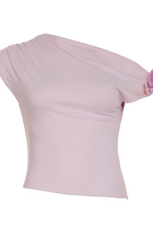 Asymmetrical Off-Shoulder 3D Flower Butterfly Orchid Top - Women's Summer Fresh Waist-Defining T-Shirt, Y2K Style