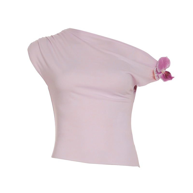 Asymmetrical Off-Shoulder 3D Flower Butterfly Orchid Top - Women's Summer Fresh Waist-Defining T-Shirt, Y2K Style Asymmetrical Off-Shoulder 3D Flower Butterfly Orchid Top - Women's Summer Fresh Waist-Defining T-Shirt, Y2K Style