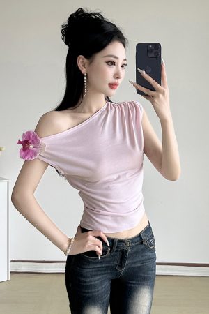 Asymmetrical Off-Shoulder 3D Flower Butterfly Orchid Top - Women's Summer Fresh Waist-Defining T-Shirt, Y2K Style