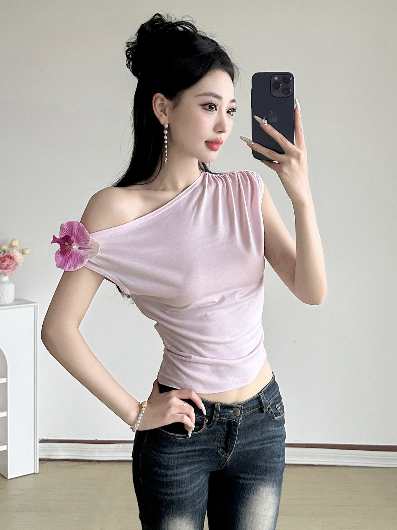 Asymmetrical Off-Shoulder 3D Flower Butterfly Orchid Top - Women's Summer Fresh Waist-Defining T-Shirt, Y2K Style Asymmetrical Off-Shoulder 3D Flower Butterfly Orchid Top - Women's Summer Fresh Waist-Defining T-Shirt, Y2K Style