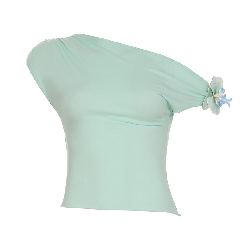 Asymmetrical Off-Shoulder 3D Flower Butterfly Orchid Top - Women's Summer Fresh Waist-Defining T-Shirt, Y2K Style Asymmetrical Off-Shoulder 3D Flower Butterfly Orchid Top - Women's Summer Fresh Waist-Defining T-Shirt, Y2K Style