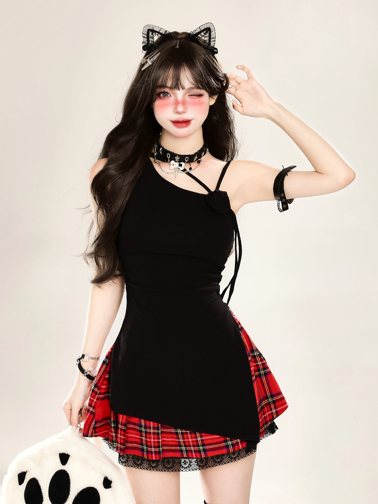 Asymmetrical Off-Shoulder Sleeveless T-Shirt for Women - Irregular Red Slim Fit Top, Y2K Summer Style Asymmetrical Off-Shoulder Sleeveless T-Shirt for Women - Irregular Red Slim Fit Top, Y2K Summer Style