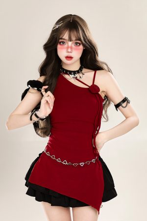 Asymmetrical Off-Shoulder Sleeveless T-Shirt for Women - Irregular Red Slim Fit Top, Y2K Summer Style