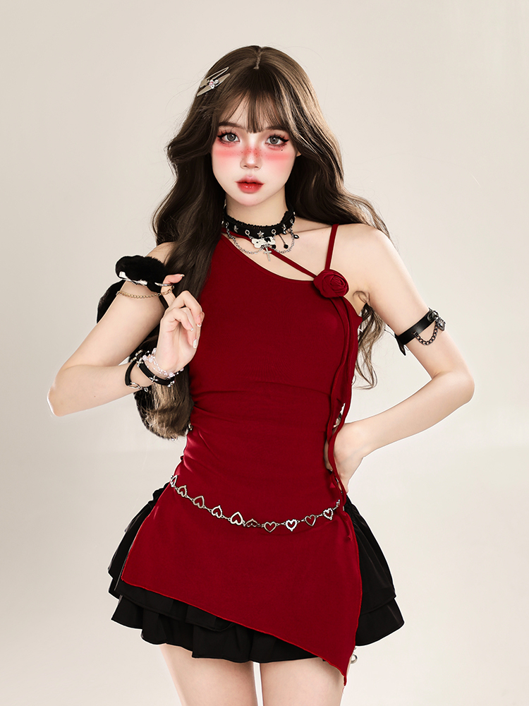 Asymmetrical Off-Shoulder Sleeveless T-Shirt for Women - Irregular Red Slim Fit Top, Y2K Summer Style Asymmetrical Off-Shoulder Sleeveless T-Shirt for Women - Irregular Red Slim Fit Top, Y2K Summer Style