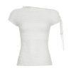 Asymmetrical Off-Shoulder T-Shirt for Women with Textured Floral Design - Summer White Top, 90s-Inspired, Y2K Fashion