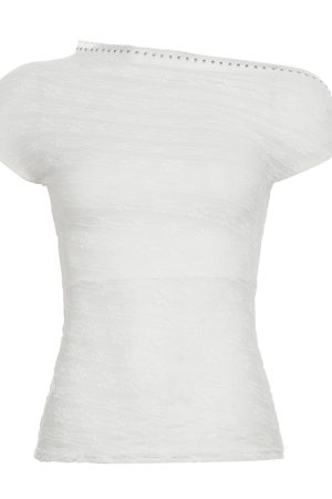Asymmetrical Off-Shoulder T-Shirt for Women with Textured Floral Design - Summer White Top, 90s-Inspired, Y2K Fashion