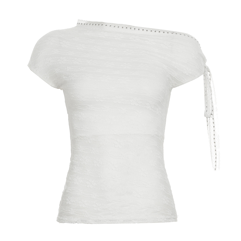 Asymmetrical Off-Shoulder T-Shirt for Women with Textured Floral Design - Summer White Top, 90s-Inspired, Y2K Fashion Asymmetrical Off-Shoulder T-Shirt for Women with Textured Floral Design - Summer White Top, 90s-Inspired, Y2K Fashion