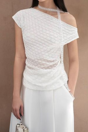 Asymmetrical Off-Shoulder T-Shirt for Women with Textured Floral Design - Summer White Top, 90s-Inspired, Y2K Fashion
