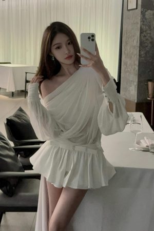 Asymmetrical Ruffled Semi-Transparent Set - Women's Romantic Love Shirt & Skirt Pants - Y2K Style Christmas Outfit