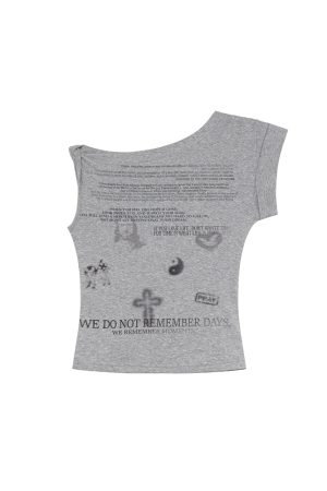Asymmetrical Shoulder Digital Print T-Shirt for Women - Summer 2025 Slim Fit Elegant Top, Trendy 90s Style