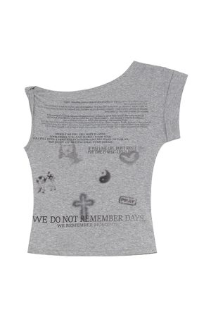 Asymmetrical Shoulder Digital Print T-Shirt for Women - Summer 2025 Slim Fit Elegant Top, Trendy 90s Style