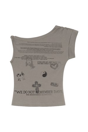 Asymmetrical Shoulder Digital Print T-Shirt for Women - Summer 2025 Slim Fit Elegant Top, Trendy 90s Style