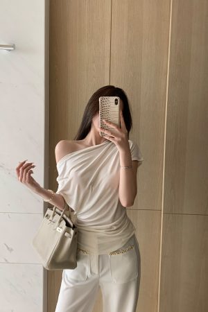 Asymmetrical Slim Fit Short Sleeve T-Shirt for Women - Summer Elastic Top, Natural Beauty Formula, Casual Chic Style