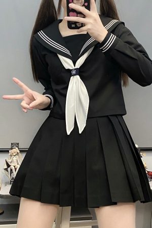 Authentic Black Indigo Three-Volume Unruly Sailor Suit Set - Camellia & Book JK Uniform, Basic Version, Korean Style Middle School Outfit