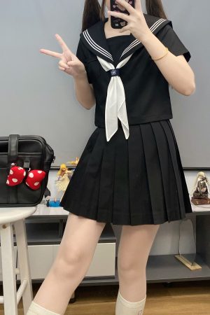 Authentic Black Indigo Three-Volume Unruly Sailor Suit Set - Camellia & Book JK Uniform, Basic Version, Korean Style Middle School Outfit