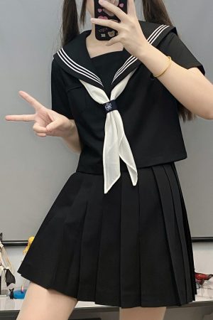 Authentic Black Indigo Three-Volume Unruly Sailor Suit Set - Camellia & Book JK Uniform, Basic Version, Korean Style Middle School Outfit