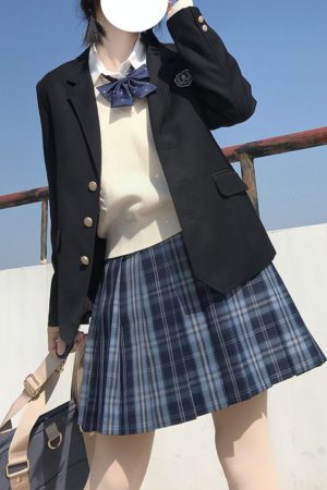 Authentic JK Plaid Pleated Skirt - A-line Checkered Midi Skirt for Women - Y2K Inspired Sea Night Design