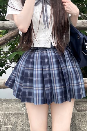 Authentic JK Plaid Pleated Skirt - A-line Checkered Midi Skirt for Women - Y2K Inspired Sea Night Design