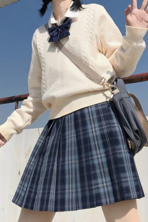 Authentic JK Plaid Pleated Skirt - A-line Checkered Midi Skirt for Women - Y2K Inspired Sea Night Design