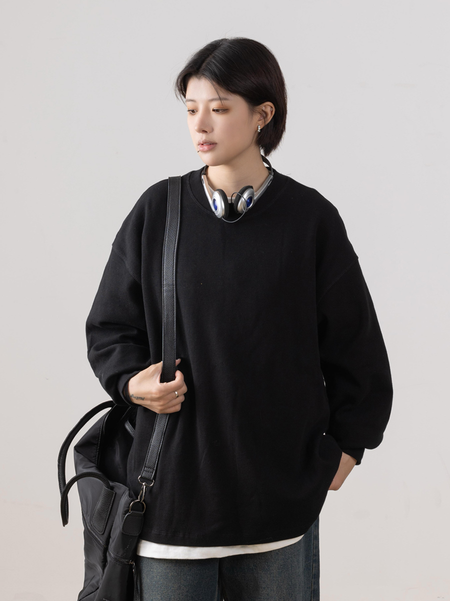 Autumn Minimalist Breathable Waffle Long Sleeve T-Shirt for Men - Loose Fit Round Neck Casual Wear Trend Autumn Minimalist Breathable Waffle Long Sleeve T-Shirt for Men - Loose Fit Round Neck Casual Wear Trend