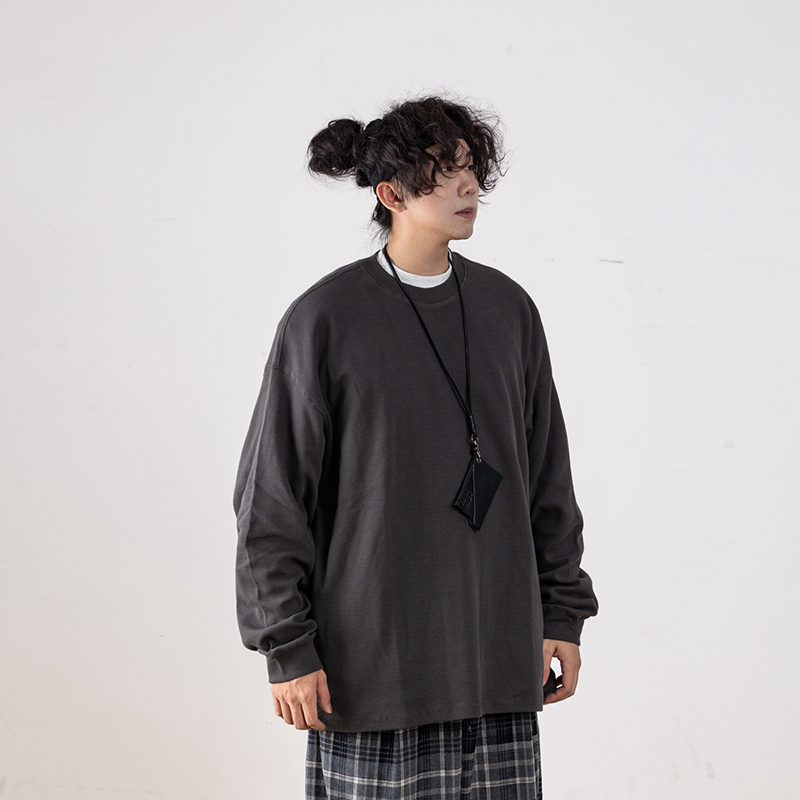 Autumn Minimalist Breathable Waffle Long Sleeve T-Shirt for Men - Loose Fit Round Neck Casual Wear Trend Autumn Minimalist Breathable Waffle Long Sleeve T-Shirt for Men - Loose Fit Round Neck Casual Wear Trend