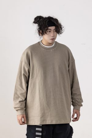 Autumn Minimalist Breathable Waffle Long Sleeve T-Shirt for Men - Loose Fit Round Neck Casual Wear Trend