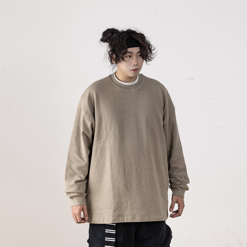 Autumn Minimalist Breathable Waffle Long Sleeve T-Shirt for Men - Loose Fit Round Neck Casual Wear Trend Autumn Minimalist Breathable Waffle Long Sleeve T-Shirt for Men - Loose Fit Round Neck Casual Wear Trend