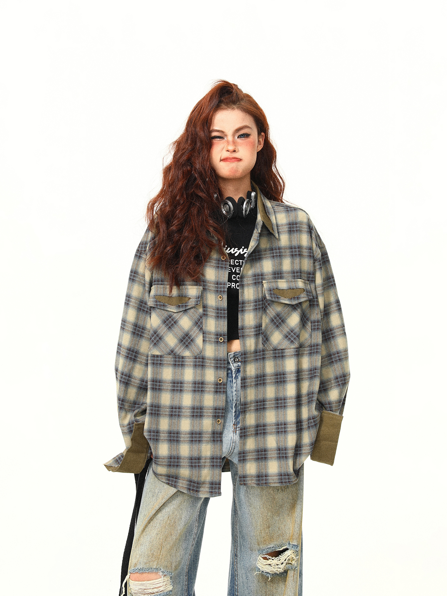 Autumn Plaid Color-Block Long Sleeve Shirt for Women - Retro Patchwork Loose Blouse in 90s Style Autumn Plaid Color-Block Long Sleeve Shirt for Women - Retro Patchwork Loose Blouse in 90s Style