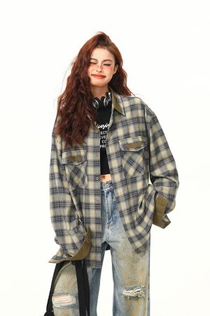 Autumn Plaid Color-Block Long Sleeve Shirt for Women - Retro Patchwork Loose Blouse in 90s Style