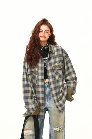 Autumn Plaid Color-Block Long Sleeve Shirt for Women - Retro Patchwork Loose Blouse in 90s Style