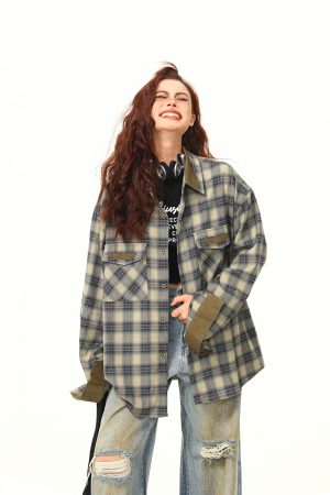 Autumn Plaid Color-Block Long Sleeve Shirt for Women - Retro Patchwork Loose Blouse in 90s Style