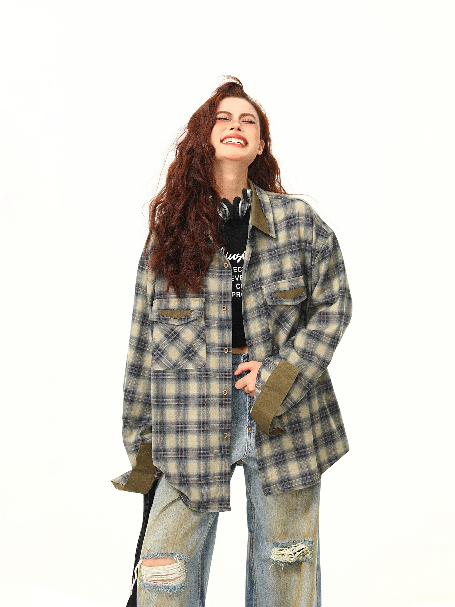 Autumn Plaid Color-Block Long Sleeve Shirt for Women - Retro Patchwork Loose Blouse in 90s Style Autumn Plaid Color-Block Long Sleeve Shirt for Women - Retro Patchwork Loose Blouse in 90s Style