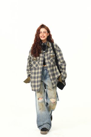 Autumn Plaid Color-Block Long Sleeve Shirt for Women - Retro Patchwork Loose Blouse in 90s Style