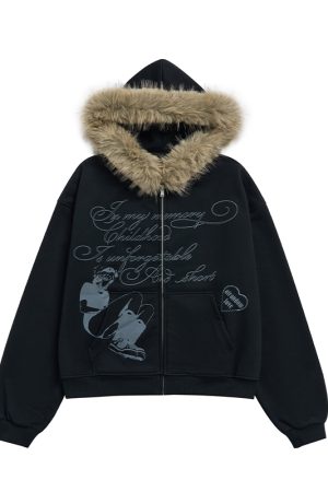 Autumn Winter Fleece-Lined Hoodie for Women - Black and White Printed Loose Jacket, Casual Streetwear Style