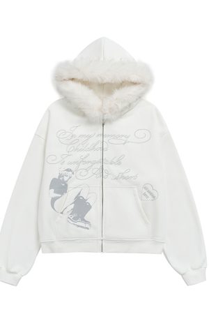 Autumn Winter Fleece-Lined Hoodie for Women - Black and White Printed Loose Jacket, Casual Streetwear Style