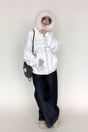Autumn Winter Fleece-Lined Hoodie for Women - Black and White Printed Loose Jacket, Casual Streetwear Style