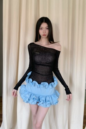 Baby Blue Floral Asymmetrical Shoulder Dress - Summer Rich Girl Style, Trendy Y2K Fashion