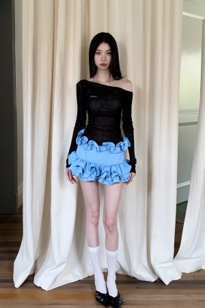 Baby Blue Floral Asymmetrical Shoulder Dress - Summer Rich Girl Style, Trendy Y2K Fashion