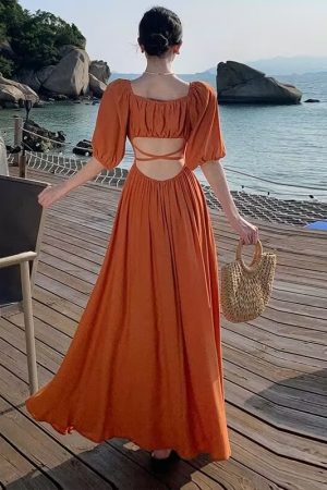 Backless Blue Prairie Dress with High Slit and Square Neck - Vintage French Vacation Style with Large Skirt