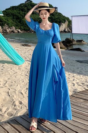 Backless Blue Prairie Dress with High Slit and Square Neck - Vintage French Vacation Style with Large Skirt