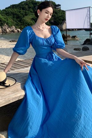 Backless Blue Prairie Dress with High Slit and Square Neck - Vintage French Vacation Style with Large Skirt
